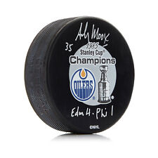 Andy Moog Signed Edmonton Hockey 1985 Champions Puck with Cup Note