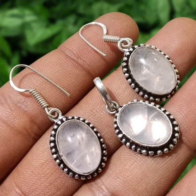 Wow Rose Quartz Gemstone Pendant Earring Set 925 Silver Plated Handmade Jewelry - Image 1 of 4