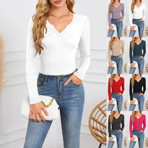 Womens Winter Long Sleeve V Neck Solid T-shirt Ladies Pullover Blouse Tops Tees - Picture 1 of 32