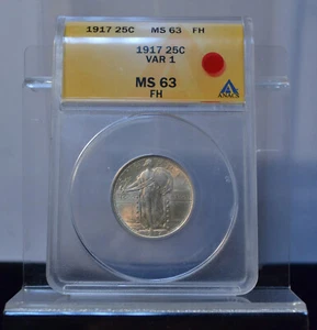 1917 25C VAR 1 STANDING LIBERTY QUARTERS ANACS MS63 FH UNITED STATES SILVER COIN - Picture 1 of 4