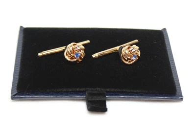 WEH Hayward Pair of Brass & Faux Sapphire Knot Sliding Pin Shirt Studs 3/8" - Image 1 of 4