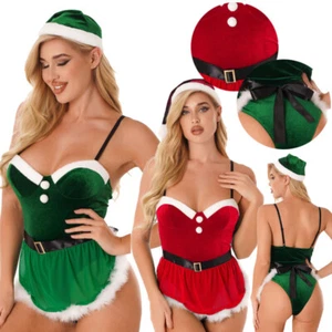 Womens Velvet Feather Trim Lingerie Suit Jumpsuit Apron Hat Christmas Costume - Picture 1 of 27