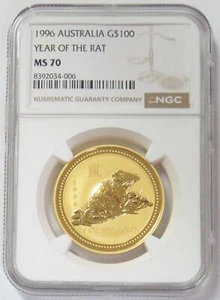 1996 GOLD AUSTRALIA $100 LUNAR YEAR OF THE RAT 1oz NGC MINT STATE 70 - Picture 1 of 2