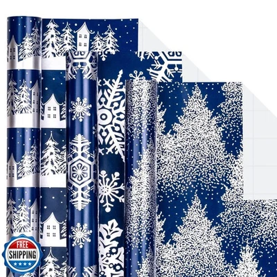LeZakaa Navy Christmas Wrapping Paper Min Roll, Snowy Woodland Scenes House S - Image 1 of 4