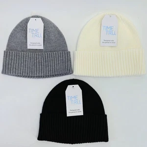 Set of 3 Time And Tru Beanie Hat Winter White, Gray, Black Rib Knit Cuffed Lot - Picture 1 of 6