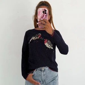 Ladies Dorothy Perkins Navy Sequinned Robin Christmas Jumper Sweater Size 14 - Picture 1 of 6