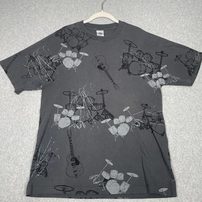 Vintage Y2K T-Shirt Mens Large Gray Guitar Drums Band AOP Grunge Music 2000s Foto 1 de 4
