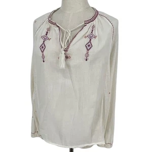 Lucky Brand bestickte Boho Bluse mit Quaste weiß lila Langarm Damen Oberteil - Bild 1 von 8