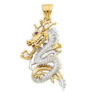 14K Two-tone Gold with White CZ Accented Dragon Charm Pendant (29mm x 18mm) - Picture 1 of 1