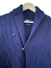 Vtg POLO RALPH LAUREN 100% Wool Cable Knit SHAWL Collar Navy Cardigan L Sweater