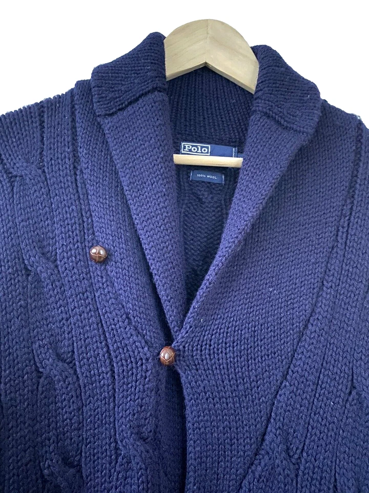 VTG 80s POLO RALPH LAUREN Wool Cardigan Sweater L Blue Cable Knit Shawl Collar - Image 1 of 4