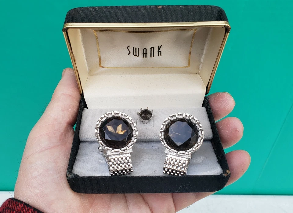 Swank Cufflinks Tie Pin Set UNUSED IN BOX Dark Olive Green Glass Stone MEN 1960s - Image 1 of 4