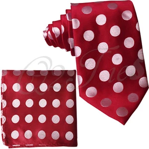 Red / WHITE BIG Polka Dots Neck tie & Pocket Square Hanky Christmas Prom Party - Picture 1 of 1