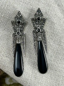 ORECCHINI A GOCCIA VINTAGE stile Art Déco argento 925 e marsite montati NERI ONICE - Foto 1 di 11