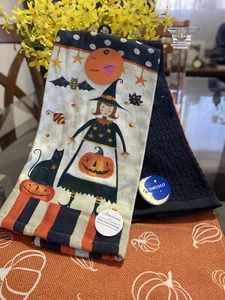 Vintage Halloween Hexe Küche Geschirrtücher 2 Stück schwarze Katze und Jack O Laterne - Bild 1 von 4