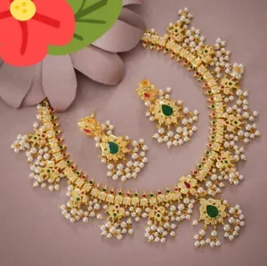 South Indian Kundan Necklace Earrings Bollywood Gold Plated CZ Pearl Jewelry Set - Picture 1 of 3