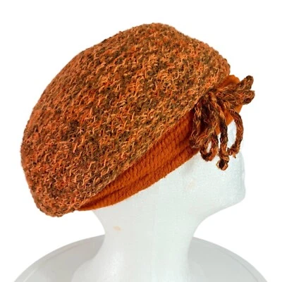 Everett Original Knitted Beret Hat VTG 70s Orange Brown Textured Wool Bow Retro - Image 1 of 4