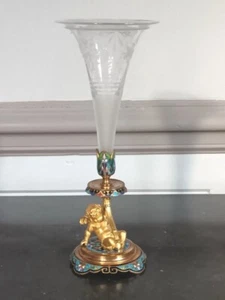 Antique Cloisonne Bronze and Crystal Vase w Cupid Angel Decor by Alphonse Giroux - Picture 1 of 12