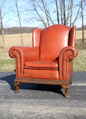 vintage leather club chair wingback armchair brown oversized wood claw feet Cover