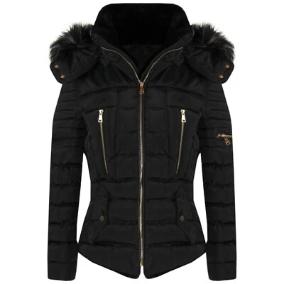 New Womens Ladies Quilted Winter Coat Puffer Fashion Fur Hooded Jacket Parka - Image 1 of 4