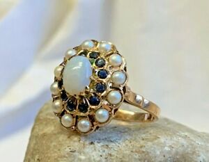 14K Yellow Gold Vtg White & Blue Stones Pearl Ring 4.89g Jewelry Sz 6.5 Band 