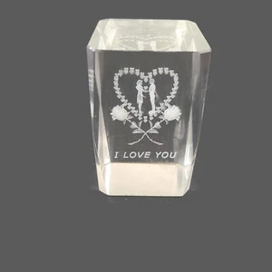 Crystal Glass 3D Laser Etched Cube Tower Paperweight | I Love You Roses Hearts - Picture 1 of 5