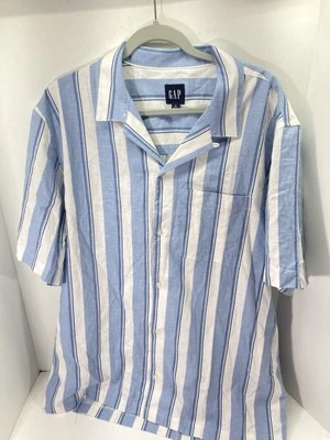 Gap Linen Camp Shirt Men Size XL Blue Stripe Button Linen Blend Casual NWT - Image 1 of 4
