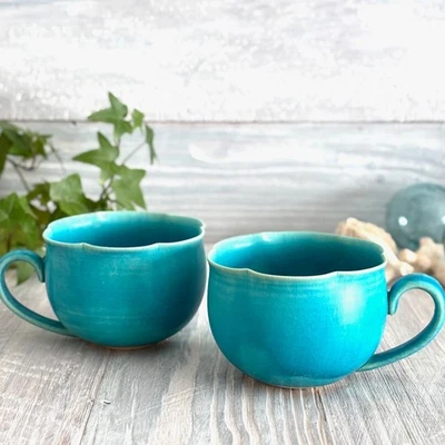 Taza de café de cerámica japonesa Kyo-yaki Kiyomizu-ya taza turquesa esmalte 2 piezas Foto 1 de 4