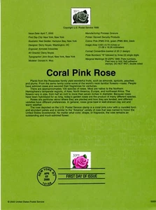 2000 USPS Souvenir 33¢ CORAL PINK ROSE # 0009 w/Watermark Archival - Picture 1 of 1