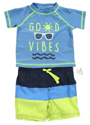 FIRST IMPRESSIONS INFANT BOYS 2PC GOOD VIBES RASH GUARD SWIM TRANKS UPF 50 18M - Image 1 of 3