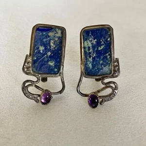 Roman Glass Earrings Amethyst Stone Sterling Silver Artistic Handcrafted Clip On - Picture 1 of 7