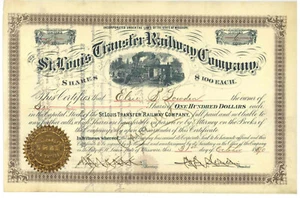 St. Louis Transfer Railway Company. Aktienzertifikat. 1890 - Bild 1 von 1