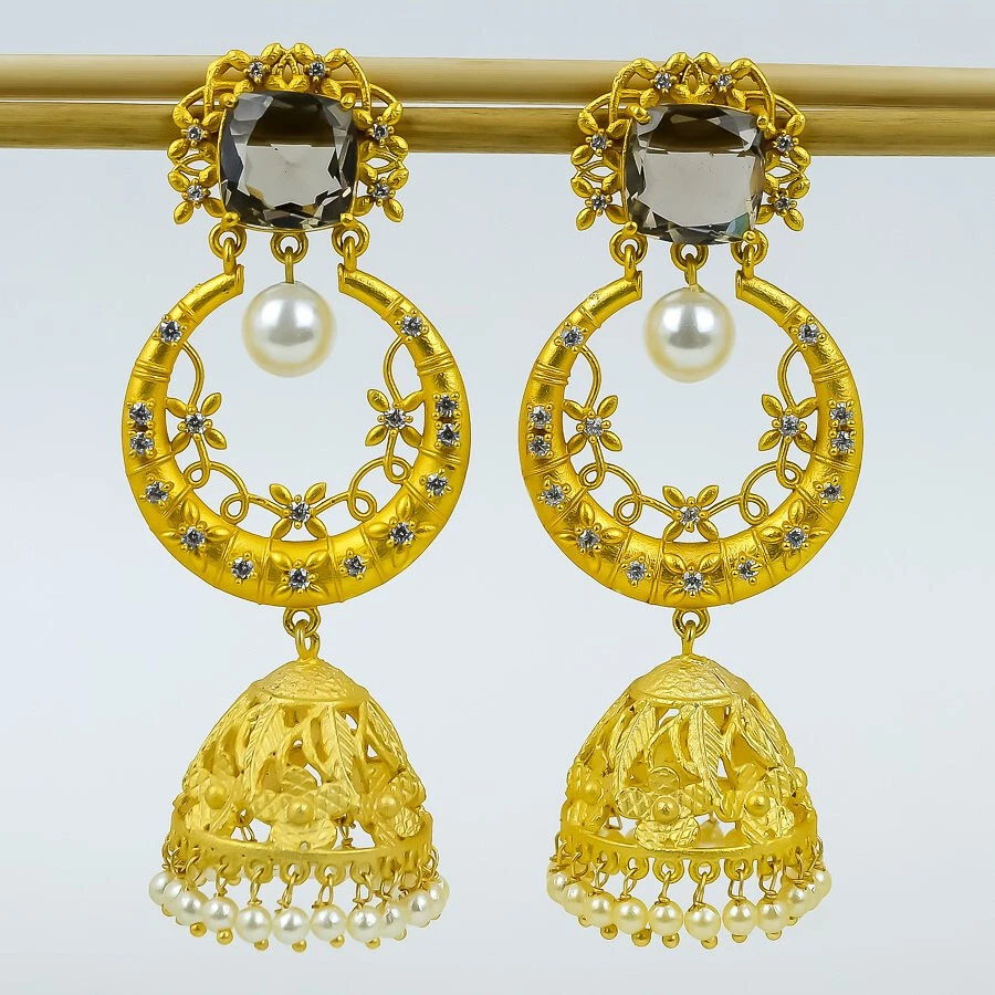 Brincos lustre folheados a ouro pedra preciosa pérola quartzo esfumaçado designer 2,5" - Imagem 1 de 1