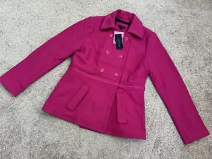 Tommy Hilfiger Pea Coat Womens Size M Fuchsia Wool Blend Double Breasted Lined - Picture 1 of 7