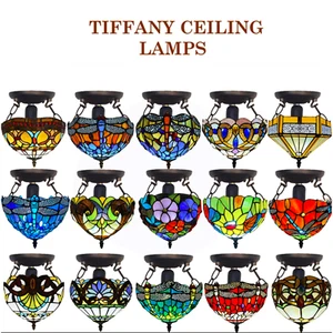 Multicolour Tiffany Ceiling Lamps 10 Inch Stained Glass Shade Light E27 Bulb UK - Picture 1 of 24