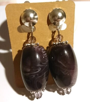 Ohrclips Clips aubergine lila marmoriert extravagant klobig 7cm lang Modeschmuck - Bild 1 von 3