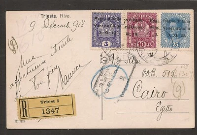Italy VENEZIA GIULIA 1918 Registered Postcard to Egypt - image 1 of 3
