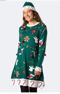 Silly Santa Damen Strickkleid Weihnachten Tannenbaum Kugeln Glocken Grün Gr. M - Bild 1 von 13