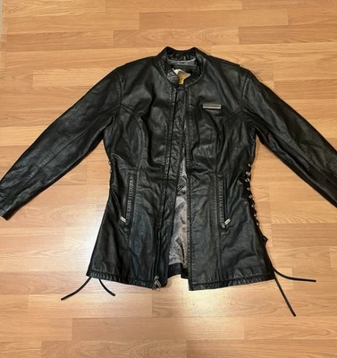 Harley Davidson Leather Moto Jacket Women's Small Black Laced Sides Biker Racer - Image 1 of 4
