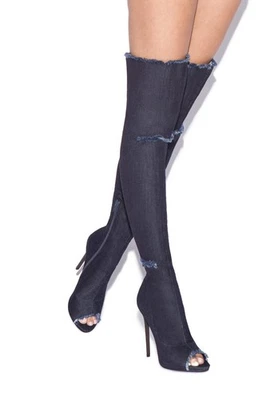 Mazara by SHOEDAZZLE, Blue distressed denim open toe OTK/thigh boots, SZ 7.5 WC - Image 1 of 4