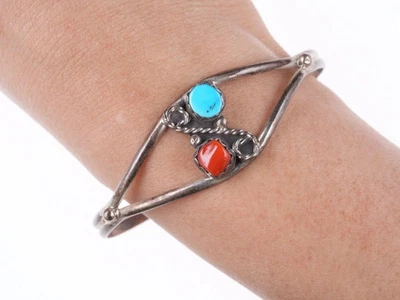 6.75" Vintage Navajo sterling turquoise and coral cuff bracelet - Image 1 of 4
