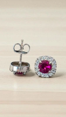 1.50 Ct Lab Grown Ruby and Diamond Earrings 14k White Gold GIA Authenticated - Image 1 of 4