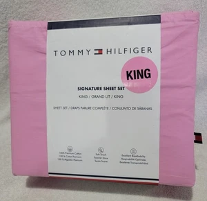 Tommy Hilfiger King Sheet Set 4pc Pink Cotton Signature Bedding New - Picture 1 of 4
