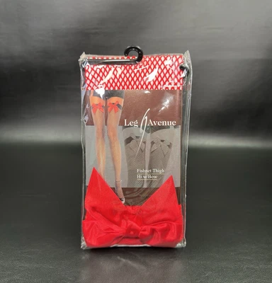 Fishnet Thigh High Stockings w/ Bow Red Halloween Costume Festival Dance - Image 1 of 4