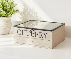 Vintage Holz 5 Fächer Fenster Deckel Besteck Utensil Organizer Regal Halter - Bild 1 von 9