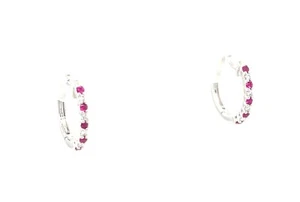 SMALL PINK RUBY & DIAMOND HUGGIE EARRINGS 14K WHITE GOLD jewelry gift hoops - Picture 1 of 5