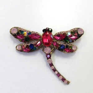 Large Pink Multicolor Vintage Dragonfly Rhinestone Crystal Pin Pendant Brooch - Picture 1 of 3