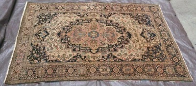 FINA ALFOMBRA ORIENTAL ANTIGUA SAROUKK MARFIL ANUDADA A MANO LANA 4'5" X 6'9" Foto 1 de 4