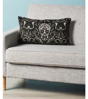 Deco Throw Pillow Halloween Black Jacquard Bats Skulls Novogratz 14 X 24 NEW - Image 1 of 4