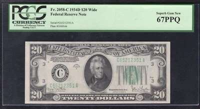 FR. 2058-C 1934-D $20 WIDE FRN PHILADELPHIA, PA PCGS GEM UNCIRCULATED-67PPQ - Image 1 of 2